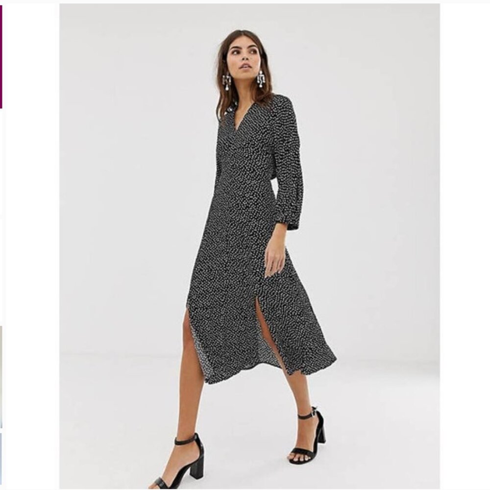 Whistles Helena Confetti Heart V-Neck Midi Dress 8 Black White Double Slit